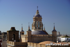 Church steeple from Mushroom honeycomb art, Setas de Sevilla, Seville, Spain, 2024