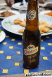 Beer named Casablanca, Riad, courtyard of home, converted to restaurant, Marrakech, Morocco, 2024